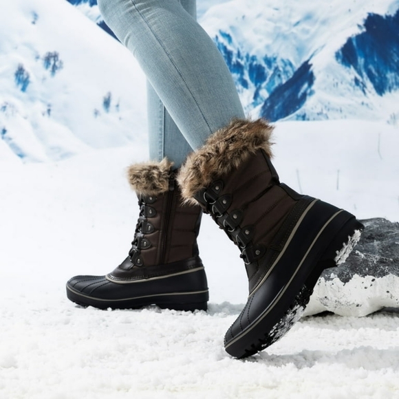 Faux Fur Trim Brown Winter Snow Boots for Women - Picture 3 of 4